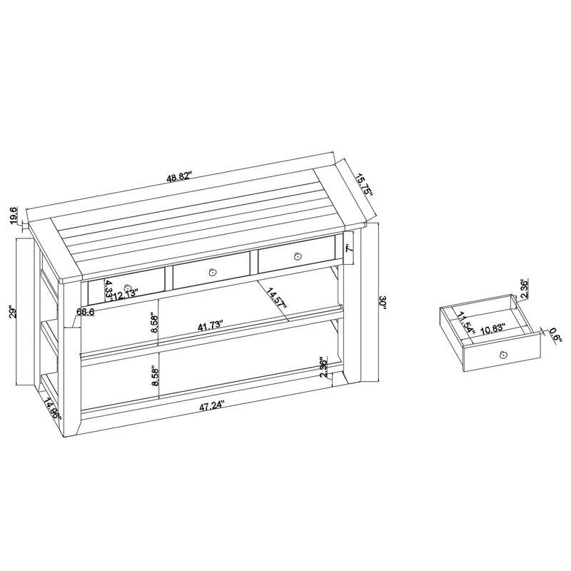 Console avec tiroirs et étagères, plateau en bois vieilli