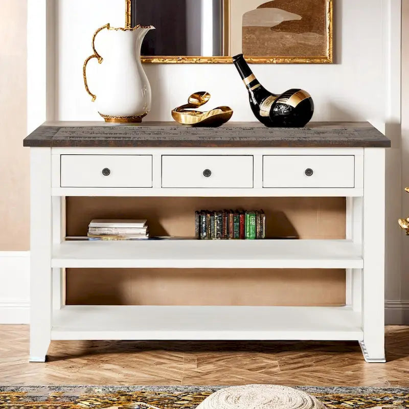Console avec tiroirs et étagères, plateau en bois vieilli