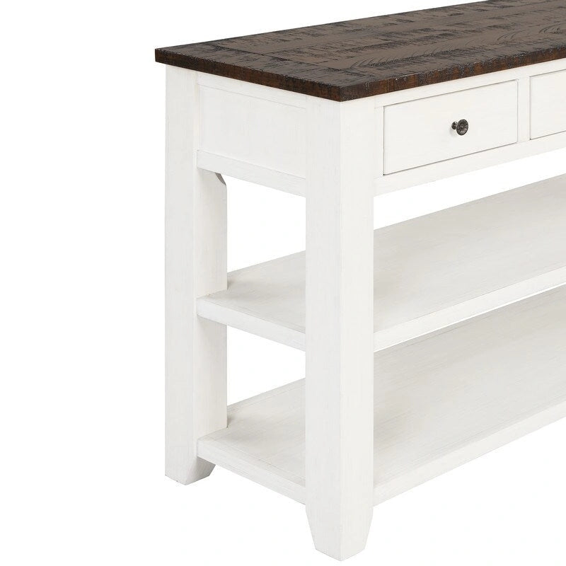 Console avec tiroirs et étagères, plateau en bois vieilli