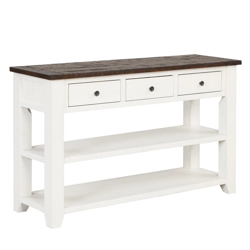 Console avec tiroirs et étagères, plateau en bois vieilli