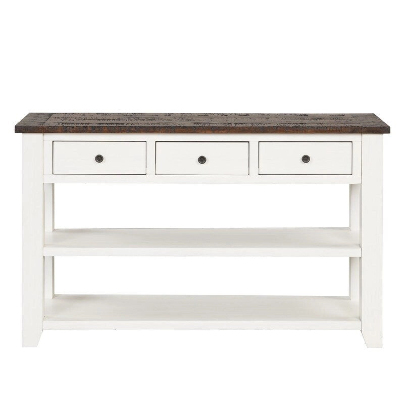 Console avec tiroirs et étagères, plateau en bois vieilli
