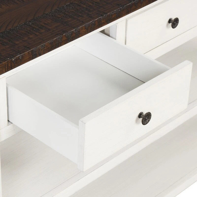 Console avec tiroirs et étagères, plateau en bois vieilli