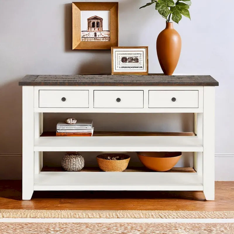Console avec tiroirs et étagères, plateau en bois vieilli