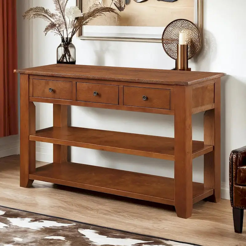 Console avec tiroirs et étagères, plateau en bois vieilli