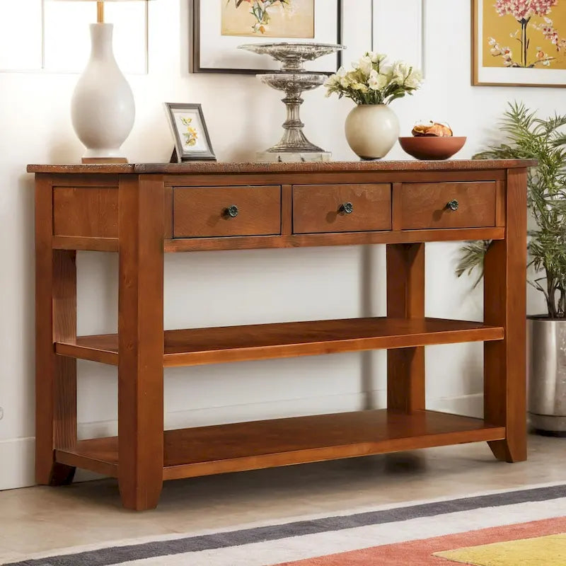 Console avec tiroirs et étagères, plateau en bois vieilli