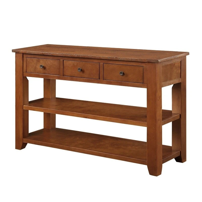 Console avec tiroirs et étagères, plateau en bois vieilli