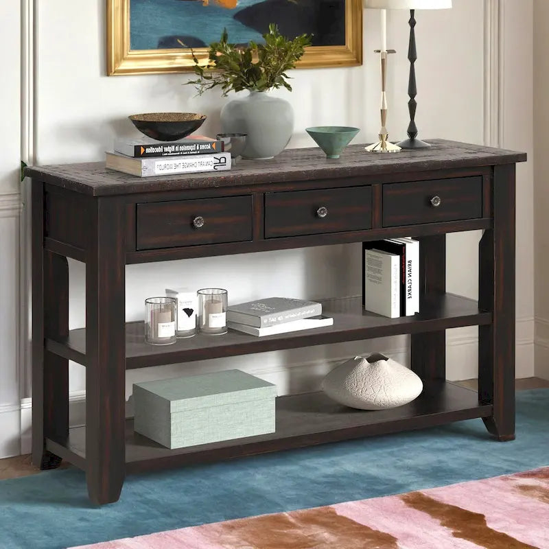 Console avec tiroirs et étagères, plateau en bois vieilli