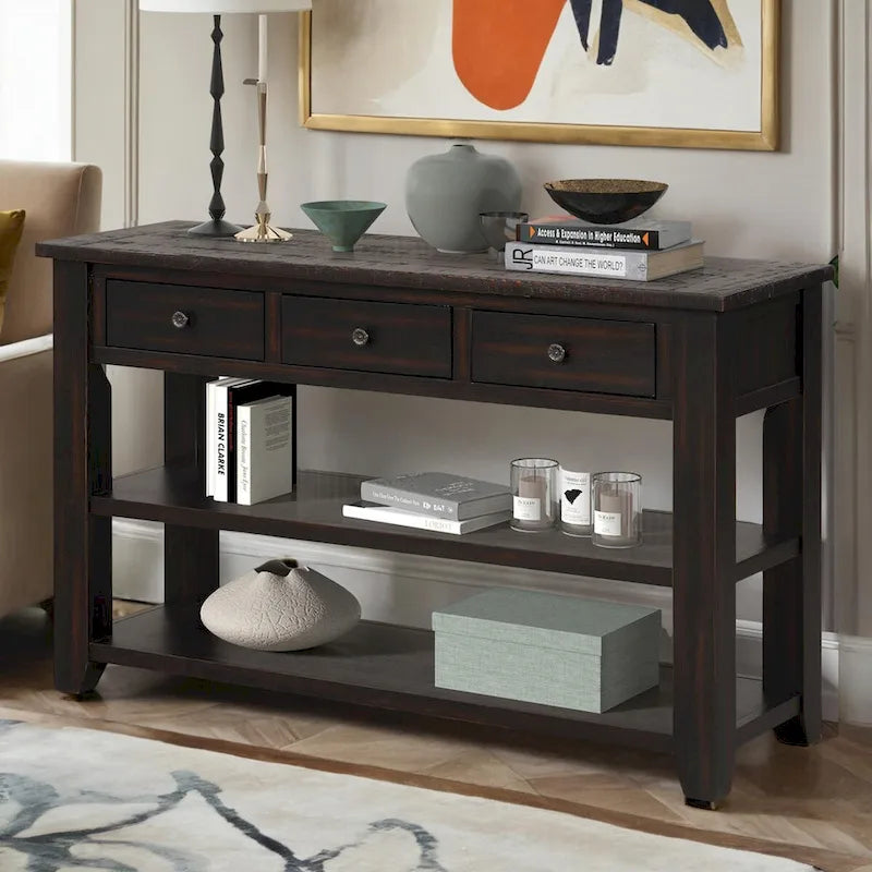 Console avec tiroirs et étagères, plateau en bois vieilli