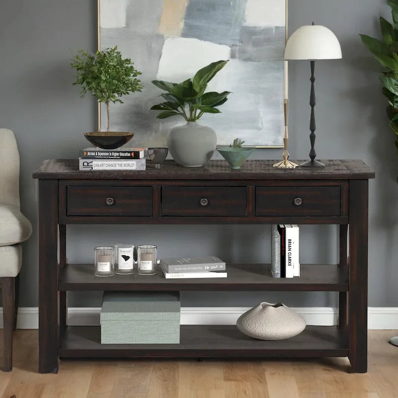 Console avec tiroirs et étagères, plateau en bois vieilli