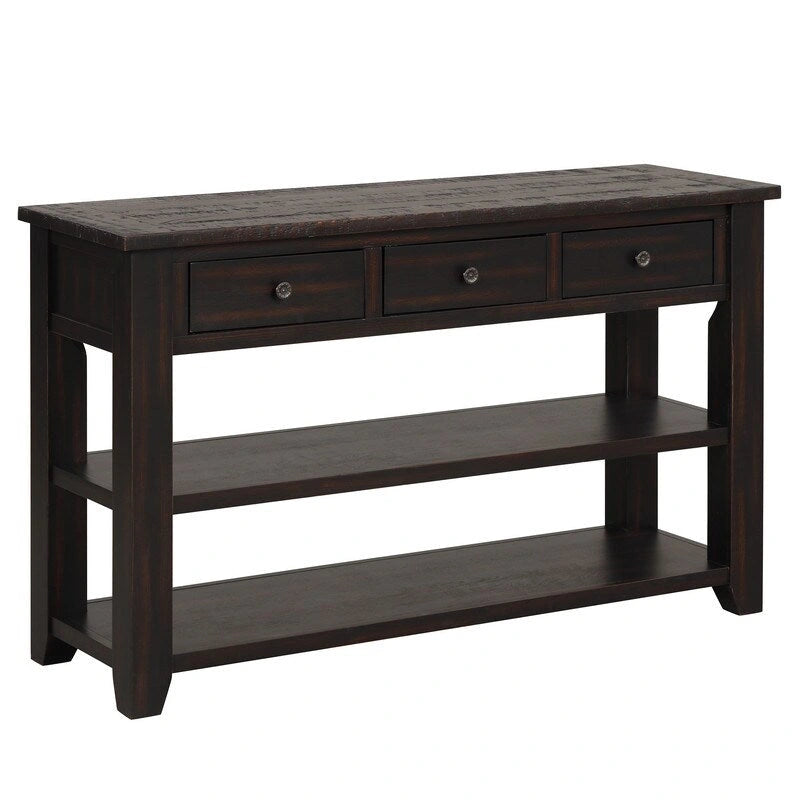 Console avec tiroirs et étagères, plateau en bois vieilli