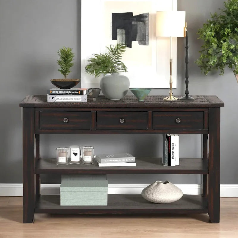 Console avec tiroirs et étagères, plateau en bois vieilli