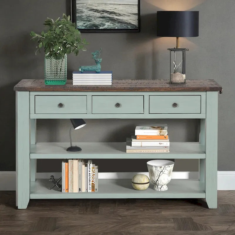 Console avec tiroirs et étagères, plateau en bois vieilli