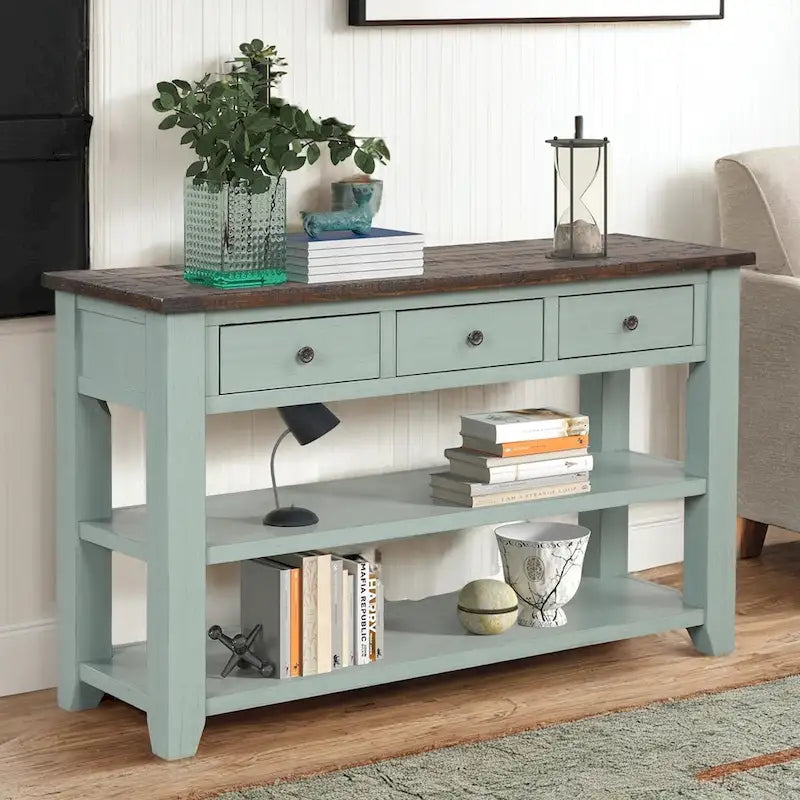 Console avec tiroirs et étagères, plateau en bois vieilli