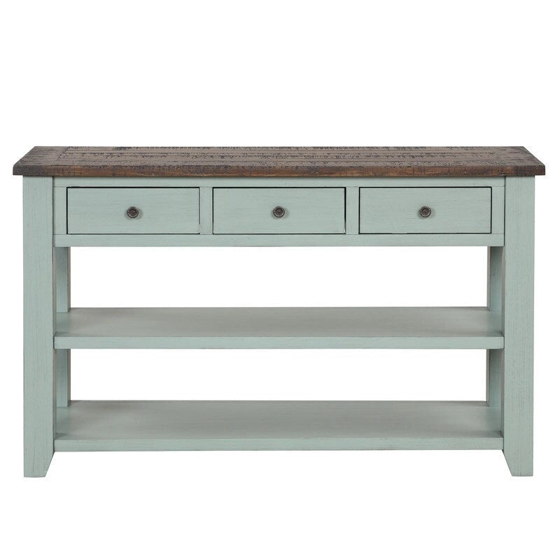 Console avec tiroirs et étagères, plateau en bois vieilli