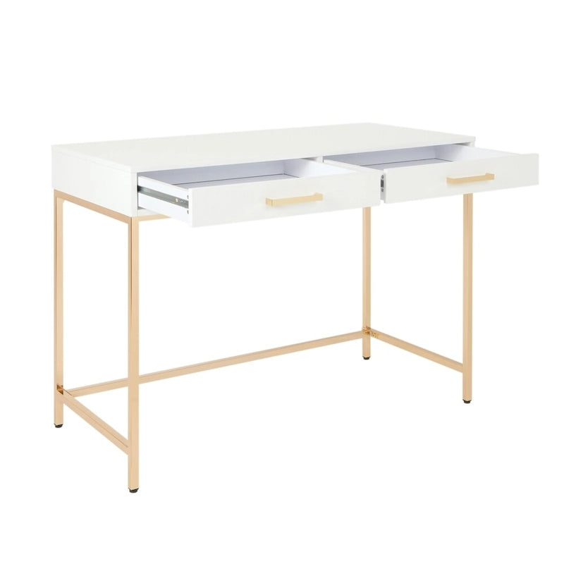 Bureau blanc laqué avec cadre en acier doré et tiroirs de rangement