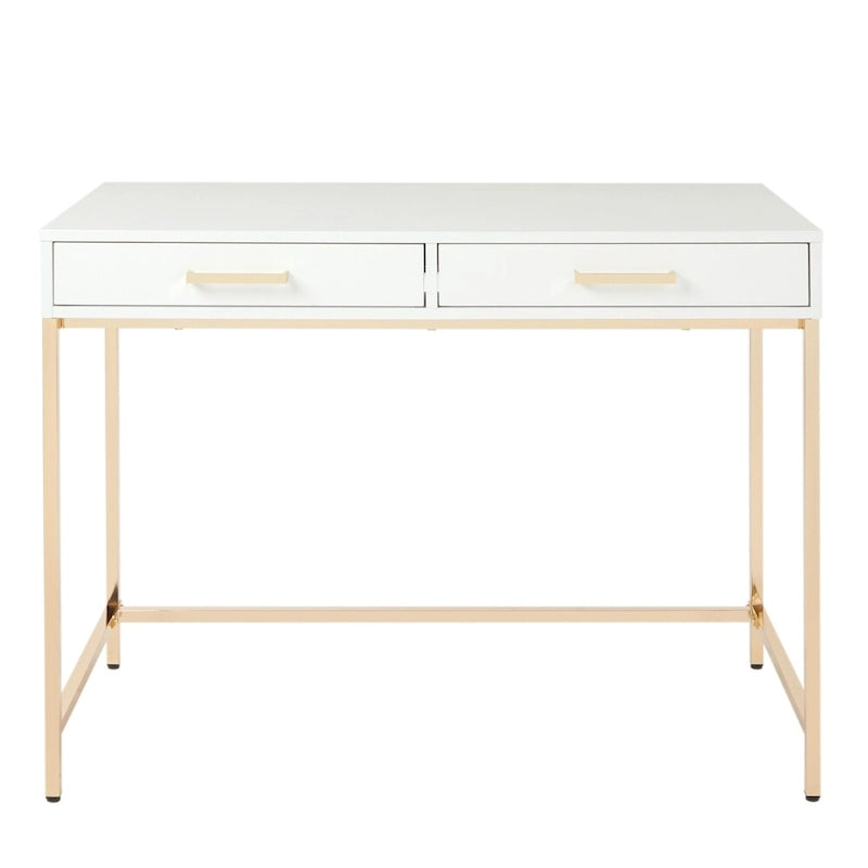 Bureau blanc laqué avec cadre en acier doré et tiroirs de rangement