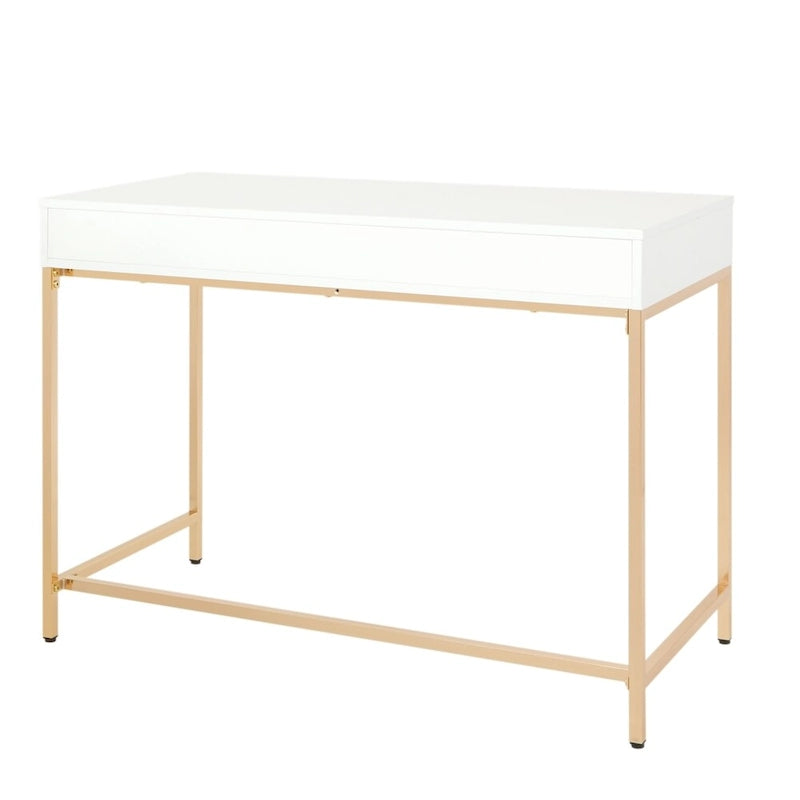 Bureau blanc laqué avec cadre en acier doré et tiroirs de rangement