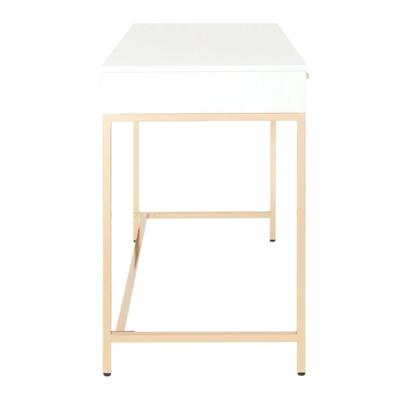 Bureau blanc laqué avec cadre en acier doré et tiroirs de rangement