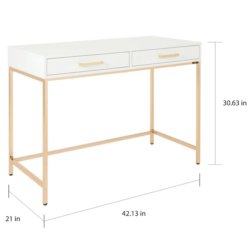 Bureau blanc laqué avec cadre en acier doré et tiroirs de rangement