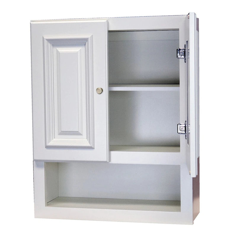 Armoire murale de salle de bain blanche en lin peint à double porte avec étagère inférieure ouverte
