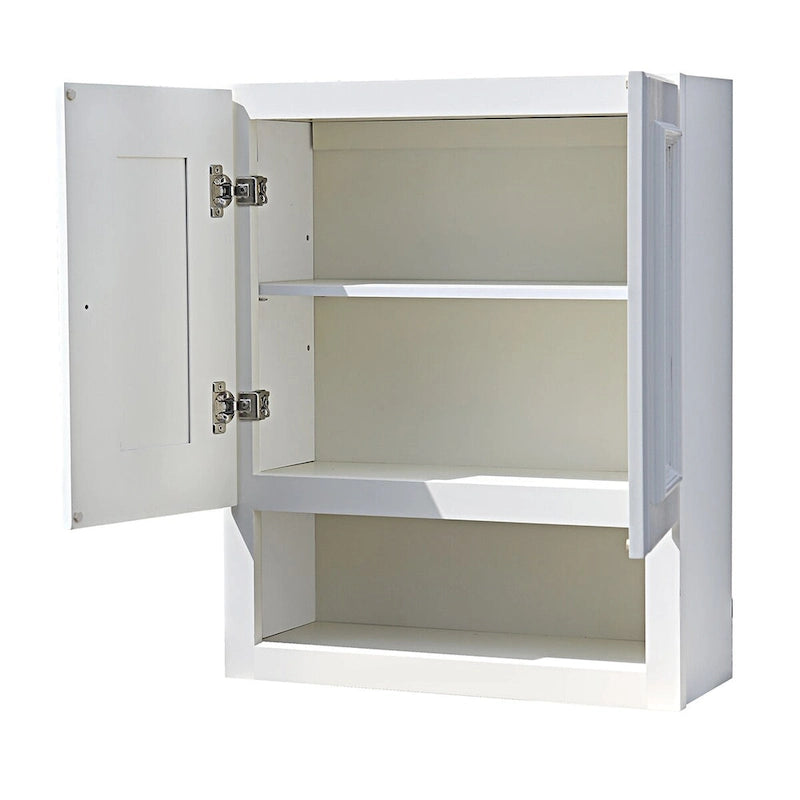 Armoire murale de salle de bain blanche en lin peint à double porte avec étagère inférieure ouverte