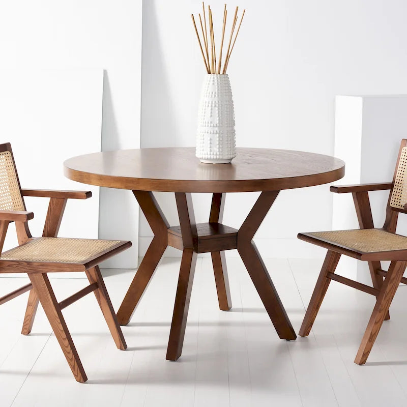 Table à manger ronde en bois avec piètement en X, 6 places, marron foncé