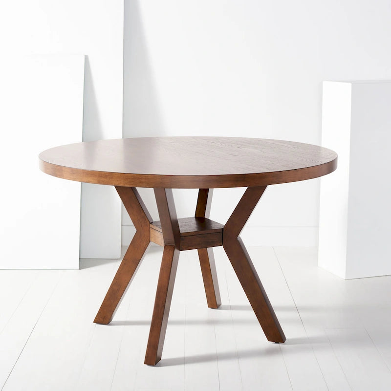 Table à manger ronde en bois avec piètement en X, 6 places, marron foncé