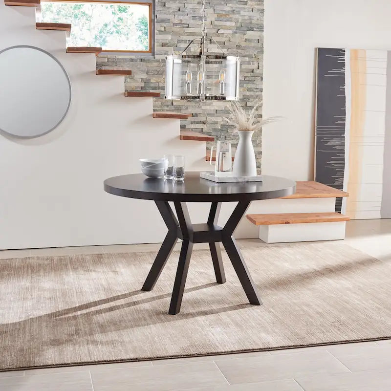 Table à manger ronde en bois avec piètement en X, 6 places, marron foncé