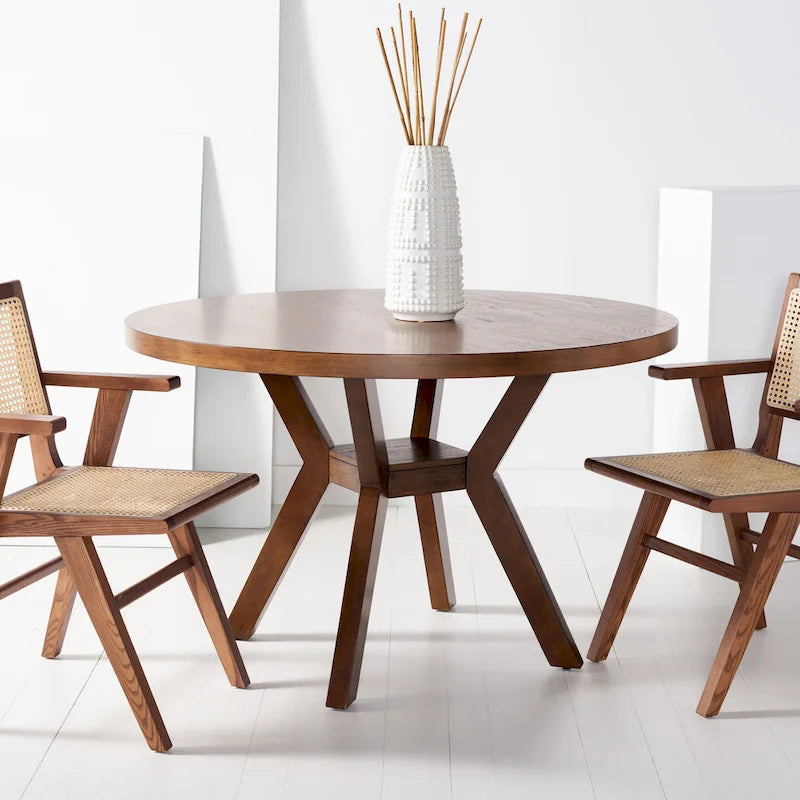 Table à manger ronde en bois avec piètement en X, 6 places, marron foncé