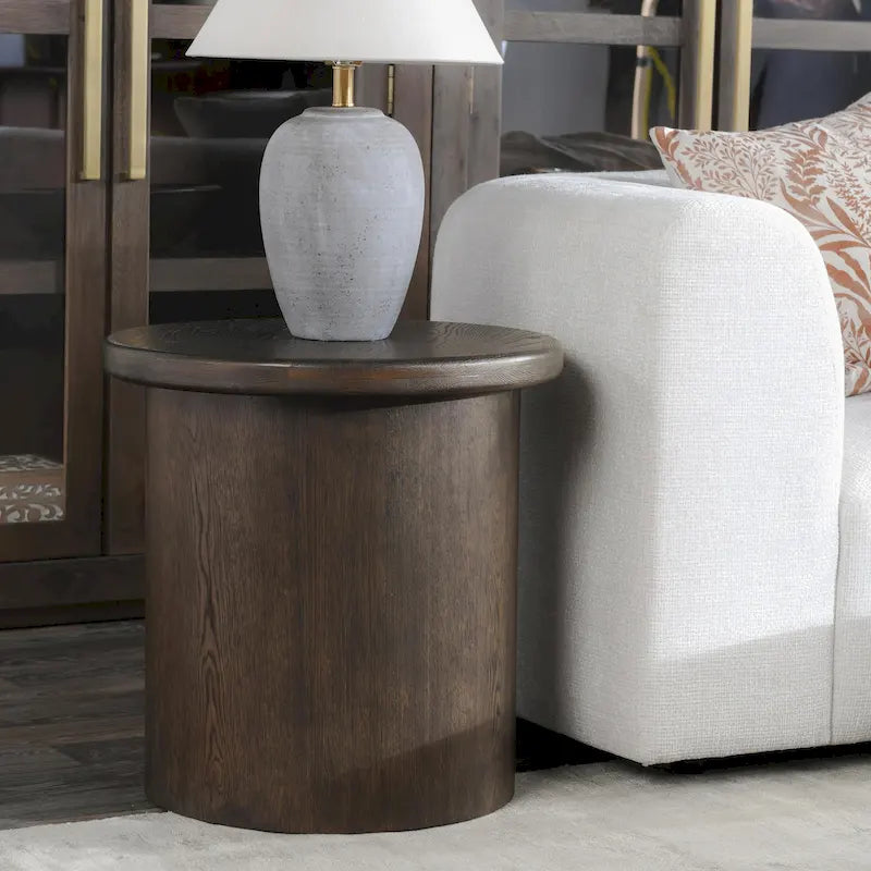 Table d'appoint ronde en placage de chêne avec plinthe marron - Style moderne et minimaliste