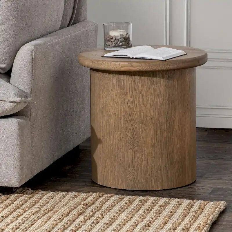 Table d'appoint ronde en placage de chêne avec plinthe marron - Style moderne et minimaliste